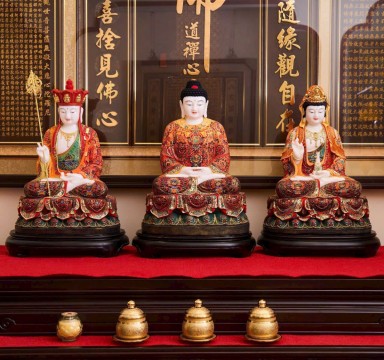 Tôn Tượng Ta Bà Tam Thánh Hán Bạch Ngọc vẽ Gấm Cao Cấp 